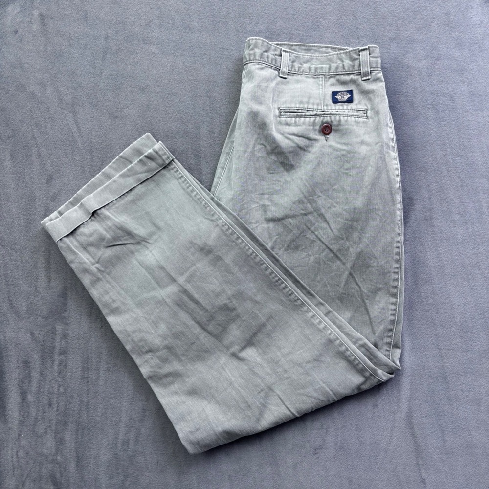 Vintage Dockers Loose Fit Pleated Chinos Mens 34x30 Gray Olive Made in USA 90s